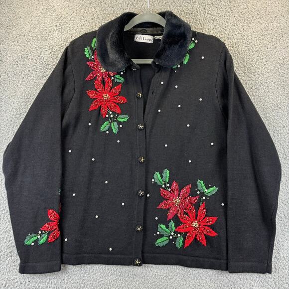 VTG 90s Womens Ugly Christmas Sweater Large Faux Fur Floral Beaded BP Design - Picture 1 of 13